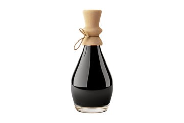 Bottle of soy sauce with a golden cap isolated on a white transparent background. Condiment concept