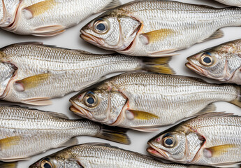 Fototapeta premium A pattern of many sea bass fish arranged on top of each other, displayed at the market stand, white bckground