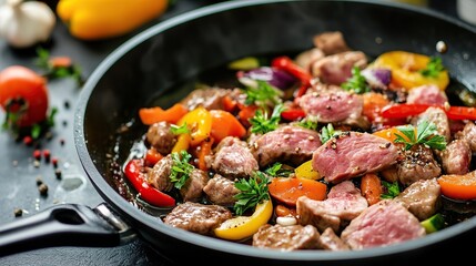 Cooking ingredients for a stir-fry, including sliced meats and vegetables in a pan.