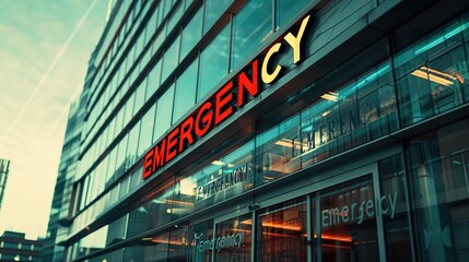 Obraz premium High-Resolution Photo of Red 'EMERGENCY' Sign on Glass Facade of Hospital Entrance