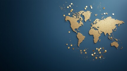 Golden world map with illuminated cities on blue background, global connectivity concept, international business network visualization, modern world geography illustration