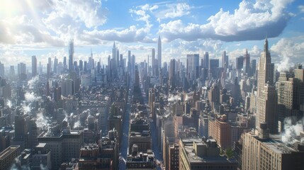 Aerial View of a Dense Urban Skyline with Clouds