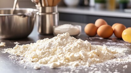 Fototapeta premium Ingredients for baking spread out on a kitchen counter, including flour, eggs, and sugar.