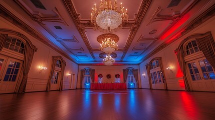 Luxurious Event Space with Ornate Ceiling Moldings, Elegant Chandeliers, and Warm Lighting Enhanced by Red and Blue Uplighting