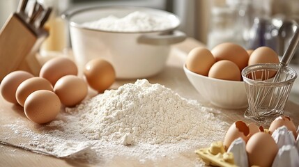 Ingredients for baking spread out on a kitchen counter, including flour, eggs, and sugar.