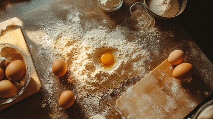 Ingredients for baking spread out on a kitchen counter, including flour, eggs, and sugar.