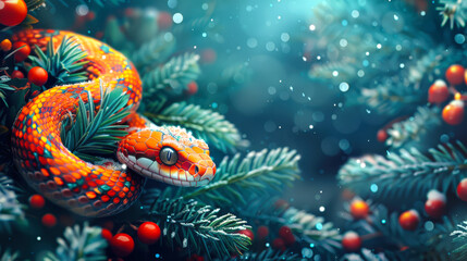 Fototapeta premium Christmas card for the new year of the snake according to the Eastern calendar. An orange snake curled up on a fir tree with berries on it. The image has a whimsical and playful mood