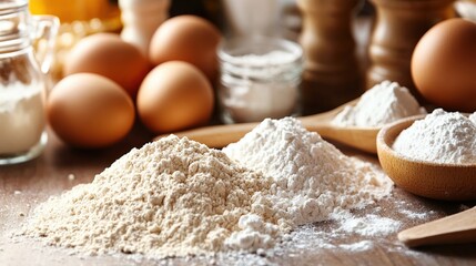 Fototapeta premium Ingredients for baking spread out on a kitchen counter, including flour, eggs, and sugar.