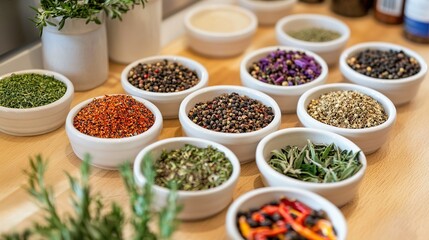 Spices and herbs in small bowls ready for cooking in a modern kitchen.