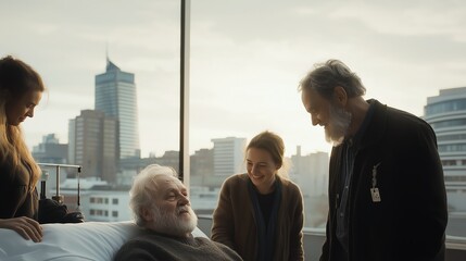 Fototapeta premium Elderly patients with family members on hospital rooftop, urban skyline backdrop, emotional health discussion scene, supportive end-of-life care moment