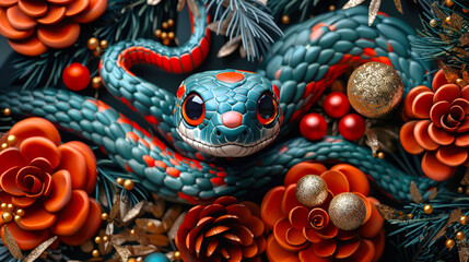 A colorful, mesmerizing snake lies on a bed of red pine cones, fir branches and golden Christmas balls. The concept of a postcard for the new year of the snake according to the Eastern calendar