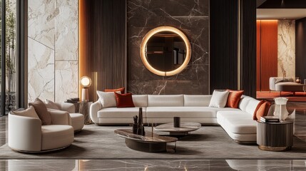 A modern living room with elegant furniture, polished surfaces, and sophisticated lighting. --ar 16:9 --v 6.1 Job ID: c418e4ed-c0d0-49e4-a856-d7736c8a01c6