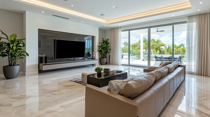 Fototapeta premium Modern Living Room with Large Windows and a View of a Lush Tropical Garden