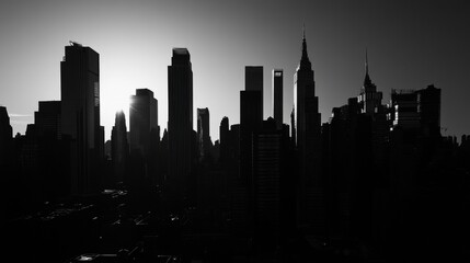 Naklejka premium A black-and-white shot of a cityâ€™s skyline, emphasizing shapes and shadows. --ar 16:9 --v 6.1 Job ID: da796e20-ff43-44ac-adc0-7d3c9542d004