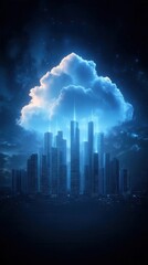 Abstract data cloud enveloping a futuristic city, symbolizing cloud technology compliance with regulations and computing integration