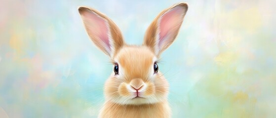 Obraz premium A rabbit with its ears up and looking at the camera. The rabbit is brown and white. The background is a light blue color