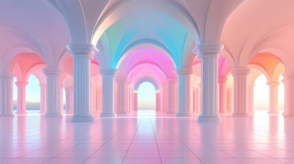 A large, empty room with pink pillars and a blue ceiling. The room is very large and has a very open feel to it