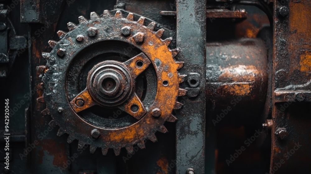 Poster close-up of a rusty gear in an industrial setting