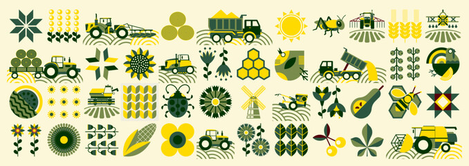 Green eco pattern. Agriculture, farming. Vintage mosaic style. Simple geometric shapes. Modern background of grains, poultry breeding, beekeeping, agricultural machinery, farm implements, flowers. © Alexander