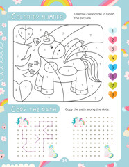 Activity Pages for Kids. Printable Activity Sheet with Unicorn Activities – color by number, copy the path. Vector illustration.