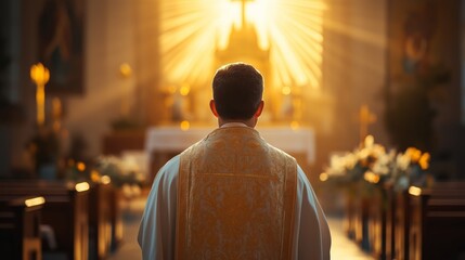 Catholic priest standing at altar in church, back view with sunlight streaming through stained glass window. Religious ceremony, faith, and spirituality concept in golden hour lighting