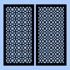 Collection of laser cut templates with modern abstract geometric panels. Template for cnc cutting of metal and wood. Aspect ratio 1:2. blue background.