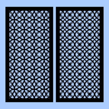 Collection of laser cut templates with modern abstract geometric panels. Template for cnc cutting of metal and wood. Aspect ratio 1:2. blue background.