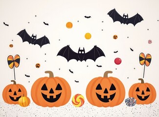 Fototapeta premium Festive Halloween vector art with cartoon pumpkin faces and colorful candies.