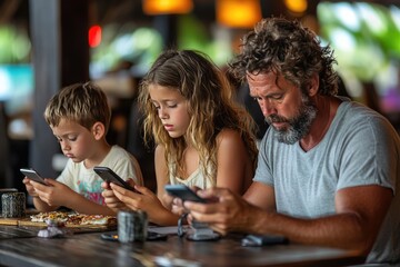 Fototapeta premium A family of three sits at a table, each using their phone. This photo depicts the modern reality of constant digital connection, even while dining together.