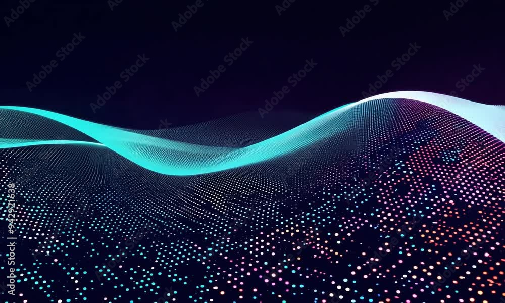 Poster exploring mesmerizing wave patterns with vibrant lights in an abstract digital landscape of sound an