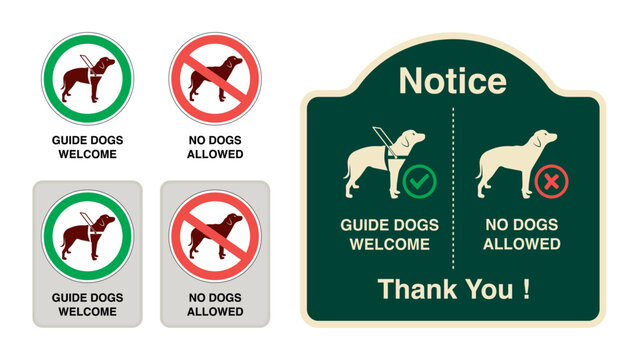 Accessible Signage for Service Animals: Guide Dog Allowed and Welcome Symbols, No Dogs Allowed Designs, ADA Compliant Labels and Sticker Templates. Vector.