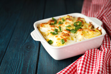 Concept of tasty and delicious homemade food - potato casserole