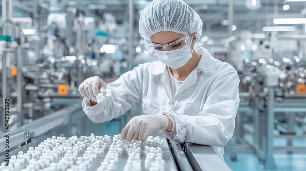 Aufkleber precision in action: lab technician fine-tuning conveyor system for tablet production efficiency, ge