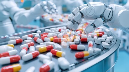 Advanced Robotic Arms in Clinical Laboratory Automating Pill Production on Conveyor Belt | Hi-Tech Pharmaceutical Automation Technology, Generative Ai