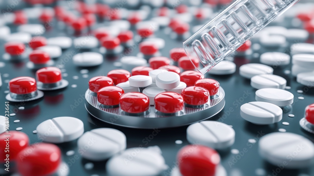 Poster precision pharmaceutical tablet sorting on high-speed conveyor in advanced laboratory setting, gener
