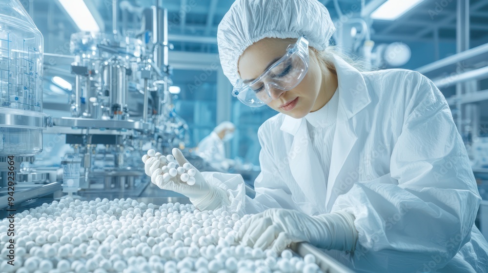 Poster cutting-edge technology: technicians observing tablet flow in led-lit lab with ultra detail 32k, gen