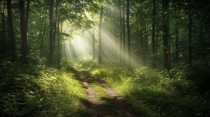 Obraz premium A hiking trail winding through a dense, green forest with dappled sunlight. --ar 16:9 --v 6.1 Job ID: 842edad0-ca78-47de-b7f1-66f2674d59f2