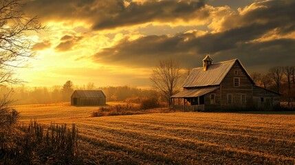 A farmhouse and barn with golden light at sunset, surrounded by fields. --ar 16:9 --v 6.1 Job ID: ce2f2b20-137a-460e-9f54-bdb7e6e7c79d