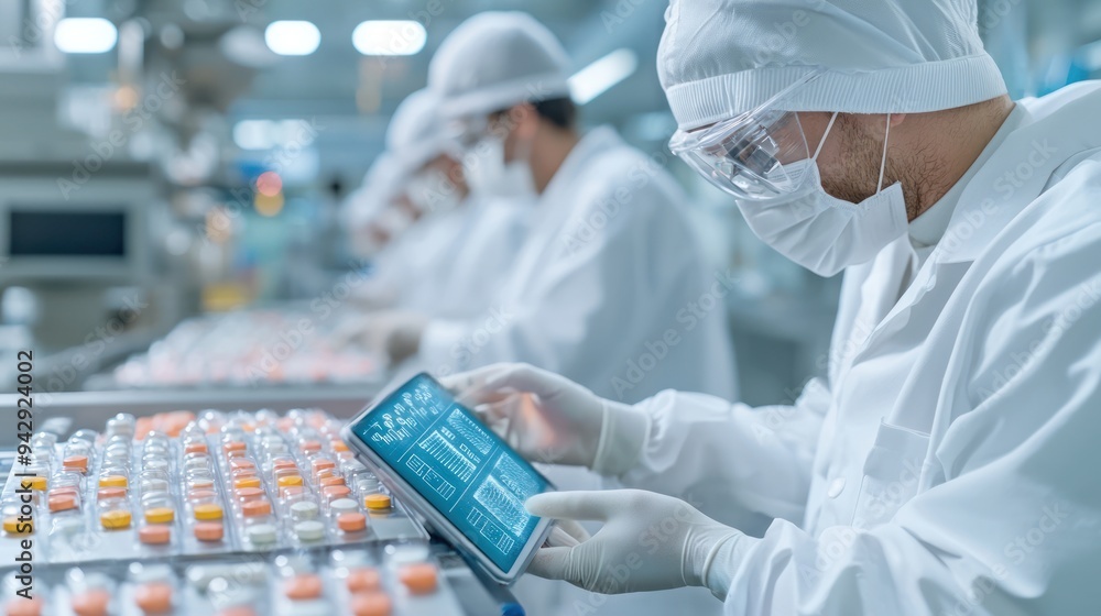 Aufkleber innovation in action: lab technicians monitoring tablet production with advanced digital control scr