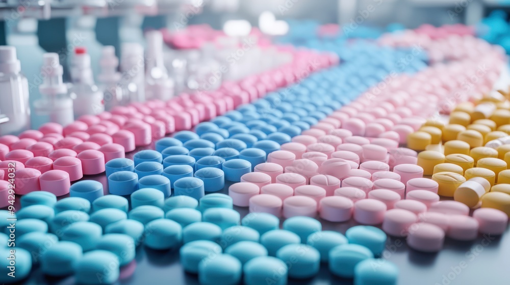 Poster futuristic high-tech laboratory with array of colored tablets on conveyor representing medication va