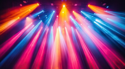 Stage lights creating a kaleidoscope effect, multicolored beams, festive and lively setting, high energy
