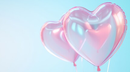Two pink balloons with a heart shape are floating in the air. The balloons are connected by a string, and they are positioned in front of a blue background. Concept of joy and celebration
