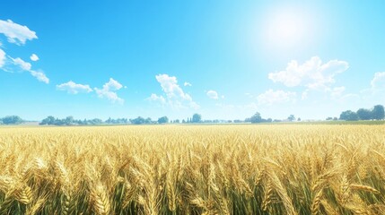 Fototapeta premium A wide view of a wheat field glowing under the summer sun, with clear blue skies. --ar 16:9 --v 6.1 Job ID: c4f50106-cf8b-4e27-b468-97adcf02799b