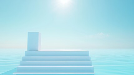A white staircase is on a beach with the ocean in the background. The scene is serene and peaceful, with the water reflecting the bright blue sky. The staircase is the only structure in the image
