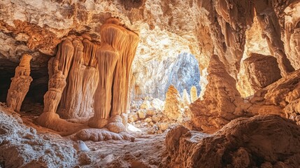Ancient cave with intricate rock formations, with ample copy space.