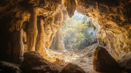 Ancient cave with intricate rock formations, with ample copy space.