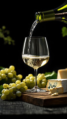 Obraz premium wine pouring with grapes and cheese in a dark setting
