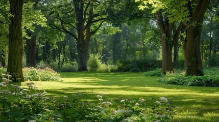 Obraz premium Wooded Area: A Tranquil Country Park with Lush Greenery and Colorful Flowers