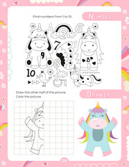 Activity Pages for Kids. Printable Activity Sheet with Unicorn Activities – find numbers, drawing. Vector illustration.