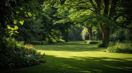 Obraz premium Wooded Area: Tranquil Country Park Setting with Flowers Under Large Trees